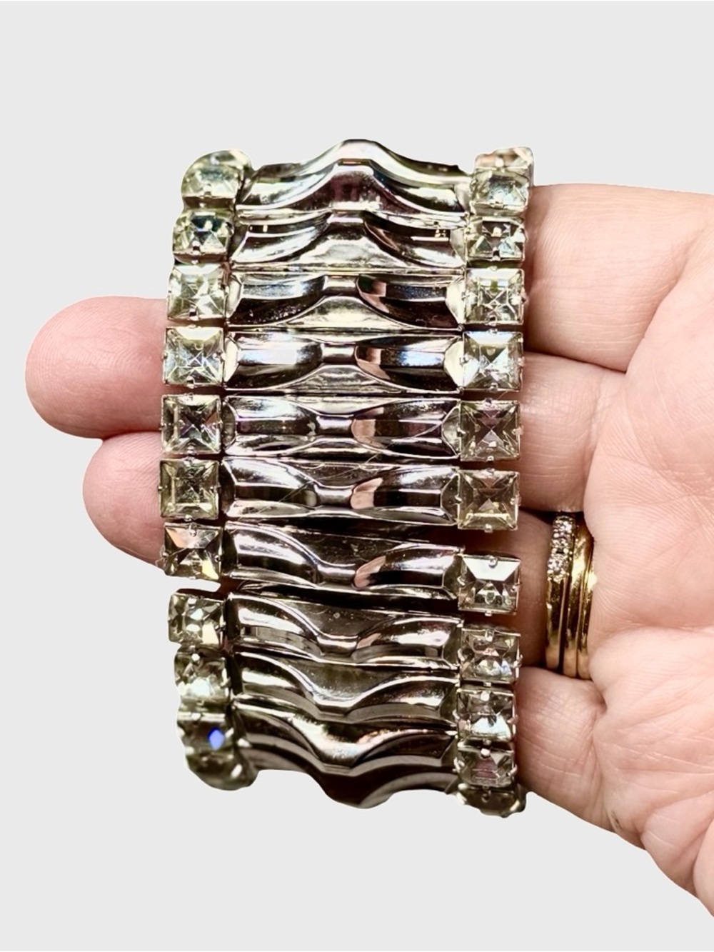 Vintage Rhinestone Stretch Bracelet Silver Tone Wide Statement Cuff Leading Lady - Picture 6 of 8